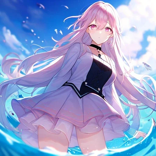 Clear focus,High resolution, Blue long hair, Light pink eyes,Wearing a pink short skirt,wearing a black collar,Looking away from the viewer, Blurry floating water