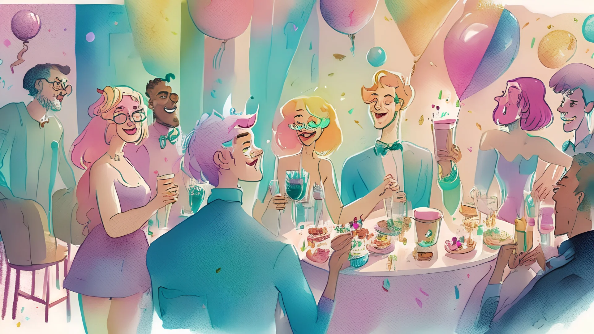 Illustration of adult party, animated, cartoon, pastel colors, fantastical, watercolor