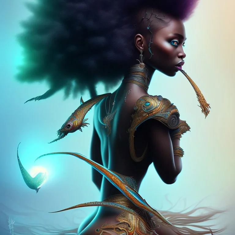 Bailarina, fantasy magic, intricate, sharp focus, illustration, highly detailed, digital painting, concept art, bailarina matte, masterpiece head sexy view black African beauty black afro hair space lady turquoise carp skin African