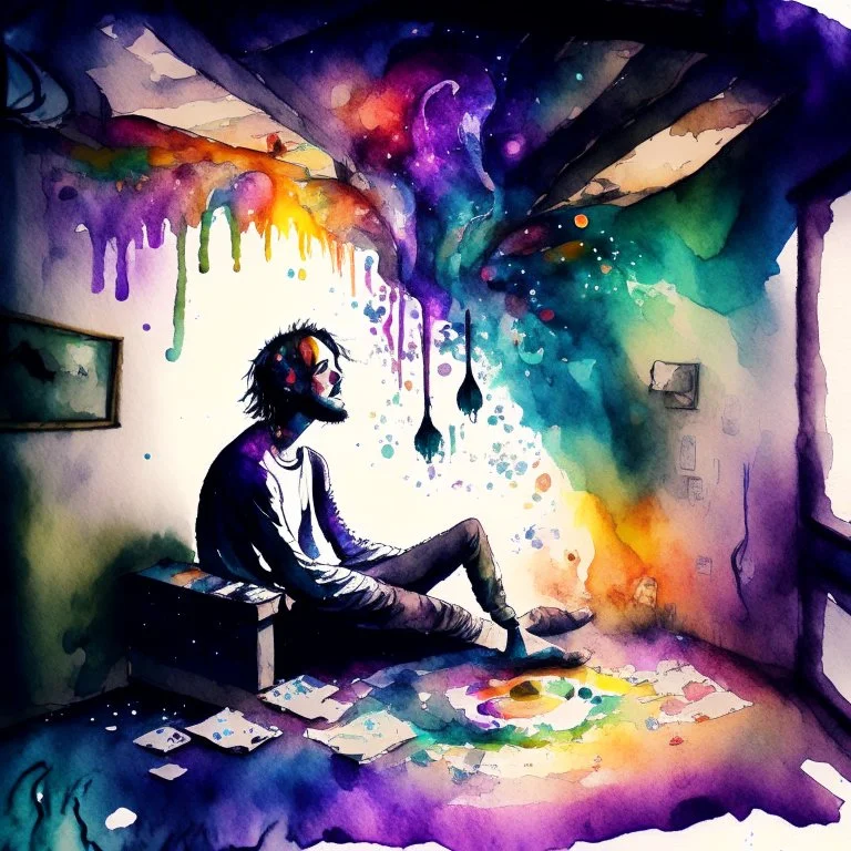 create a watercolour painting , a drug-addicted person is depicted sitting in a dark and dingy room. However, their mind is depicted as a vibrant and colorful dreamscape. The room's walls are covered in mystical symbols, and the person's eyes are closed, showing the viewer the fantastical world they are escaping to in their drug-induced reverie. Strange and beautiful creatures roam this surreal landscape, and the person's addiction is portrayed as a thin, ethereal thread connecting them to this