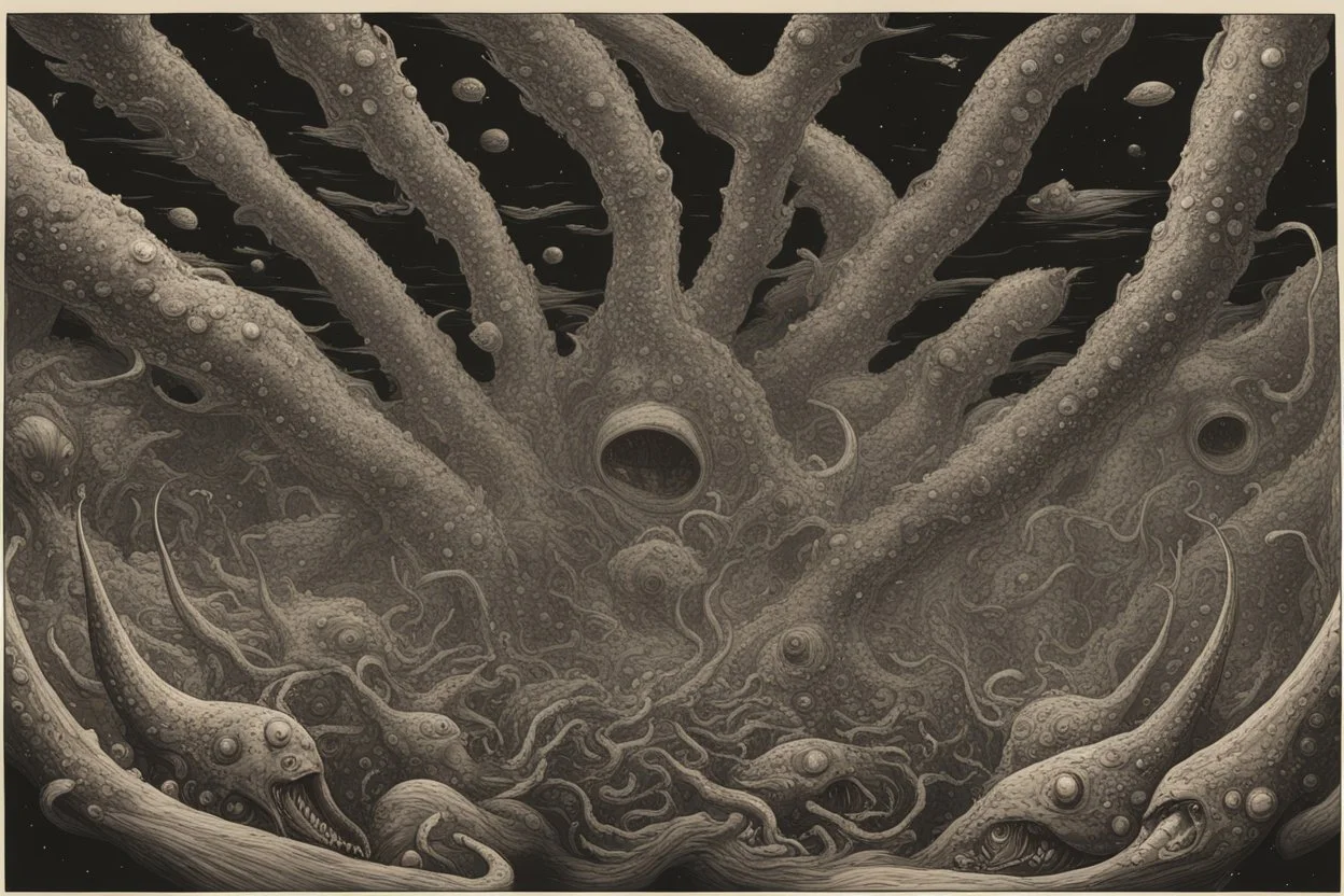 View from a spaceship into a natural event horizon in space with many enormous strange tentacled creatures, with huge mouths, flying around in the black