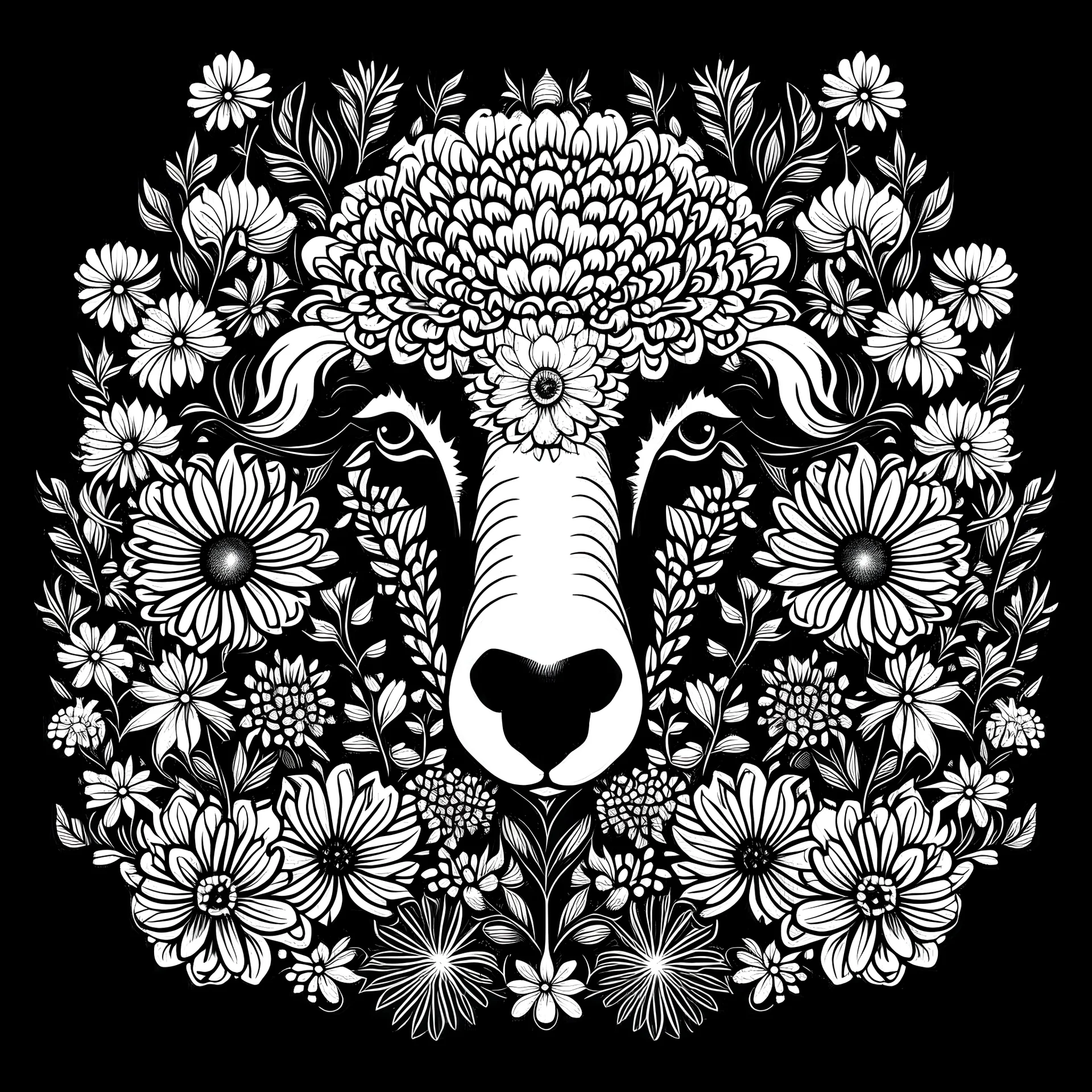 black and white. sheep face between seeds and big flowers. black background. for a coloring.