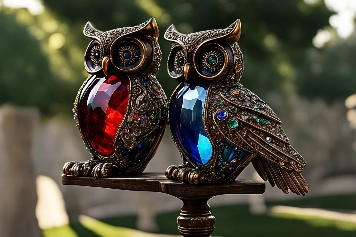 Coloured glass owl set with gemstones, glittering metal and gemstone parts in garden sharp focus elegant extremely detailed intricate very attractive beautiful dynamic lighting fantastic view crisp quality exquisite detail in the sunshine gems and jewels