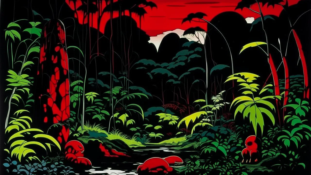 A blackish red savage jungle at nighttime designed in Ica stones painted by Andy Warhol