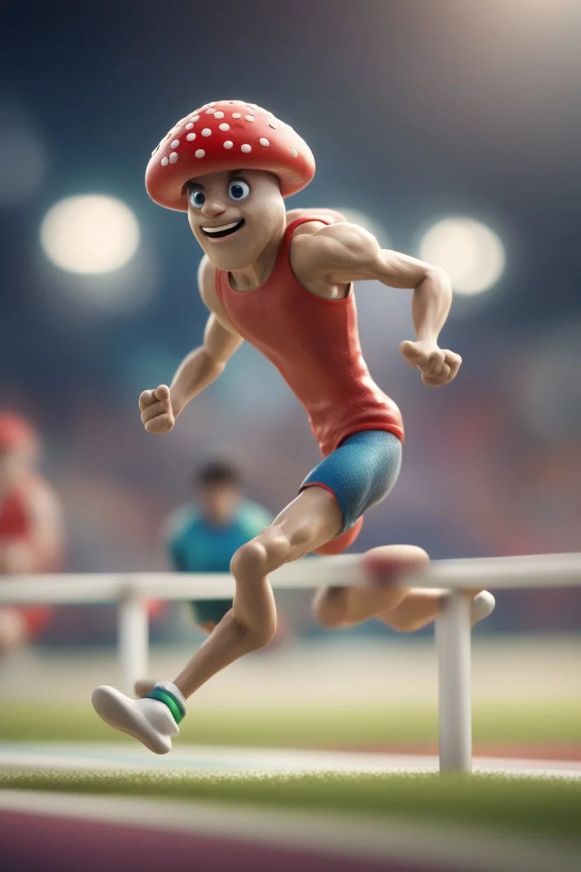 cartoonish mushroom man running 110 meter hurdle in the Olympics ,,bokeh like f/0.8, tilt-shift lens 8k, high detail, smooth render, down-light, unreal engine