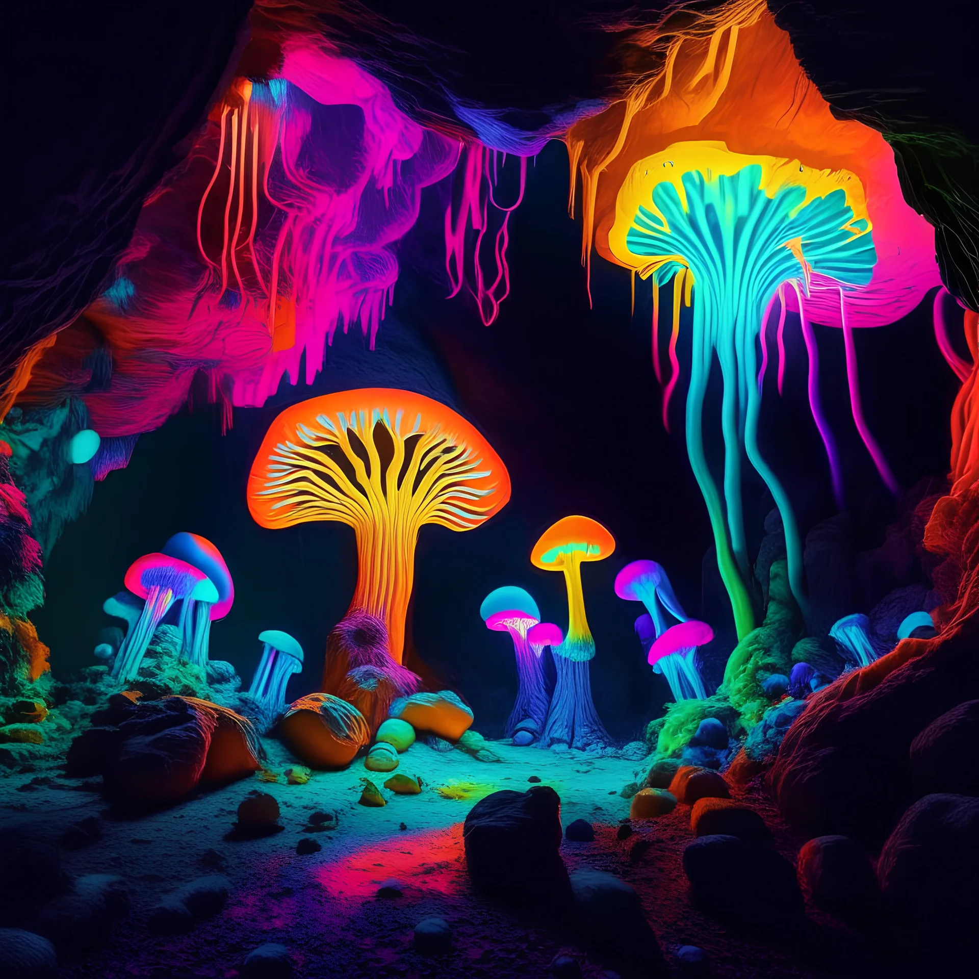 beautiful underground cavern full of neon colors and, the living beings are actually neon mushrooms