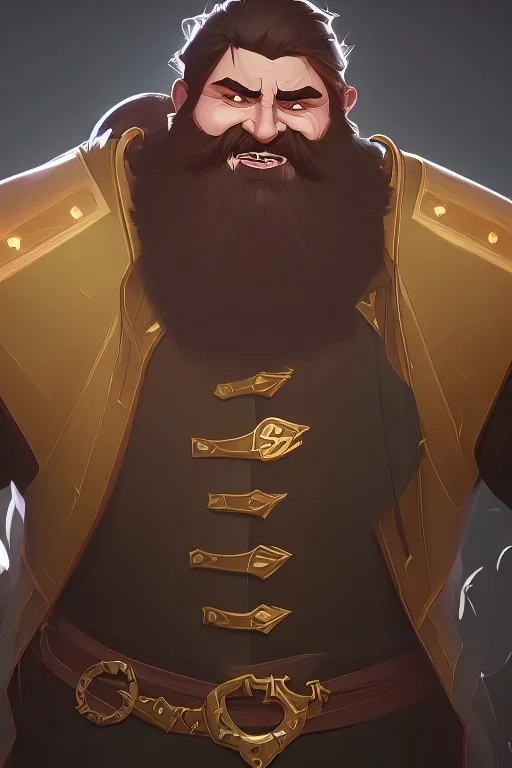 Medieval Fantasy Bearded strong man wearing a thick fur-lined merchant's coat, wearing gold rings, divine, halo, happy smiling, portrait, high definition, realistic, long hair, dynamic lighting, volumetric lighting, mustache, blond, arcane, wise