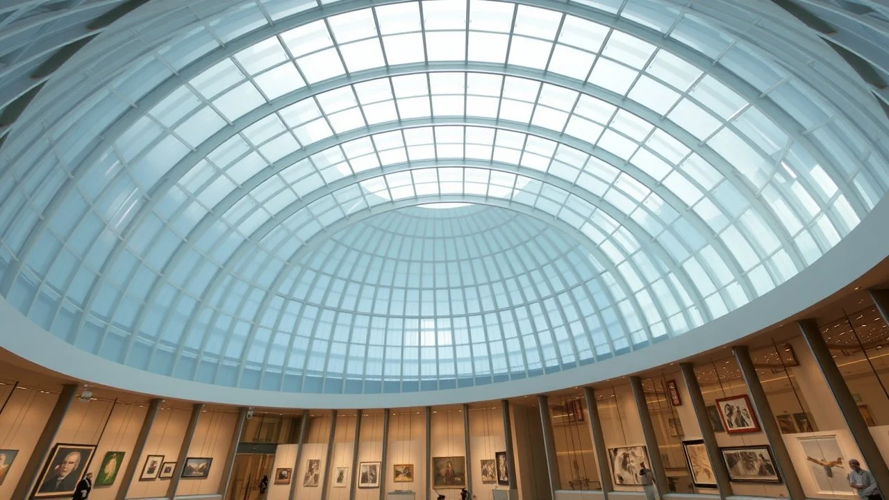 A breathtaking art gallery with a massive, dome-shaped structure, where the roof follows the pattern of a sine wave. The undulating form of the roof is crafted from glass and steel, allowing light to flood the interior in rhythmic patterns. The contrast between the smooth curves of the sine wave and the open, airy dome creates a space of tranquility and reflection. Award-winning photograph.