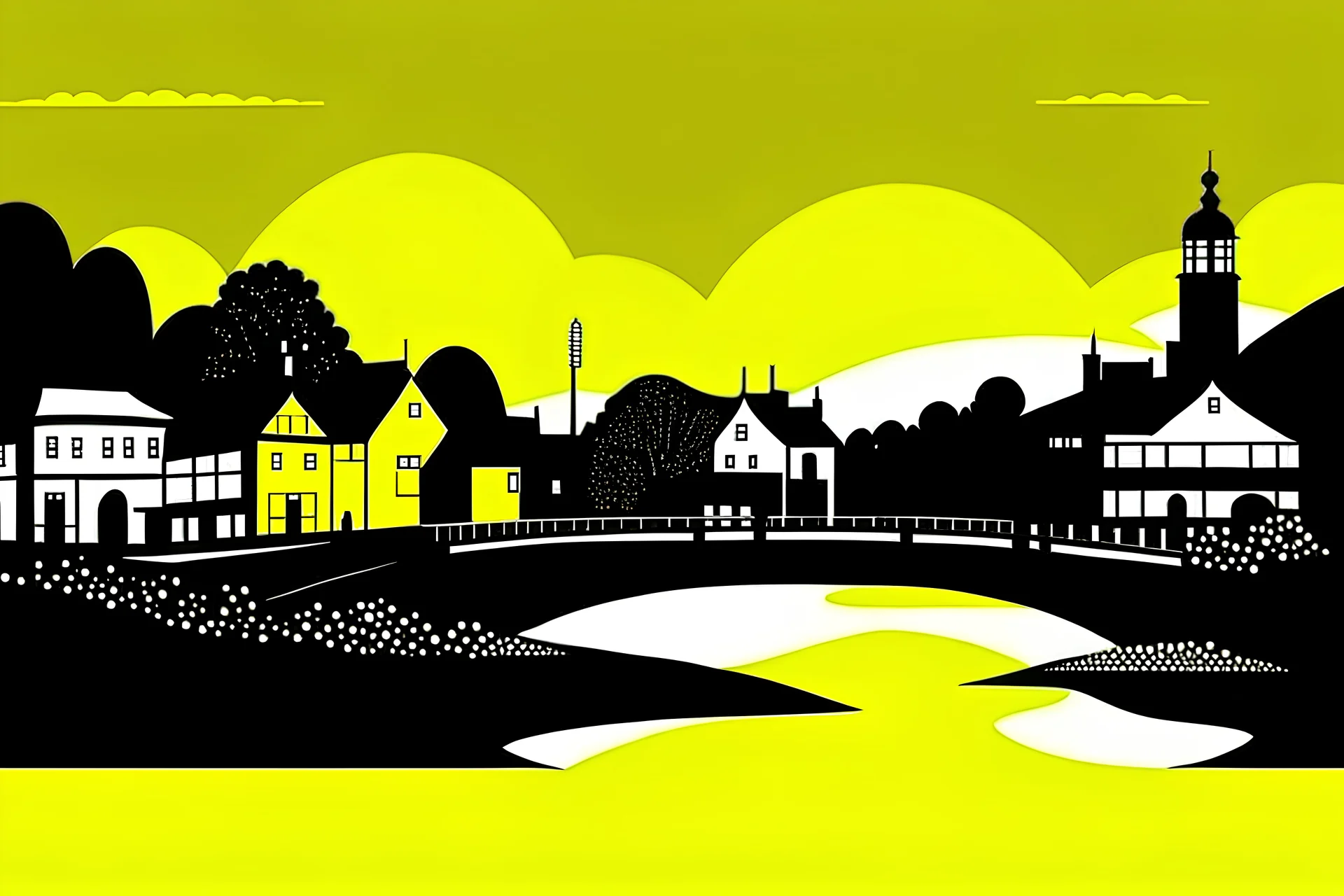 Ilustración minimalista de un bangle village river side in yellow and black