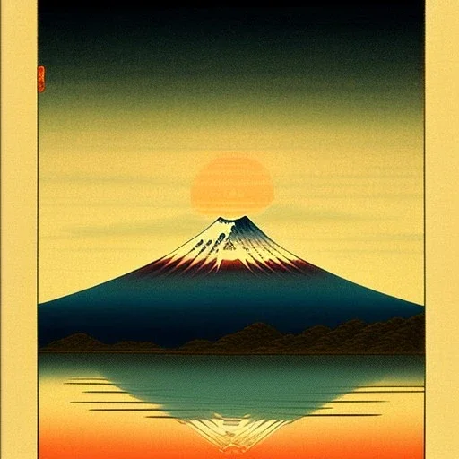 Ukiyo-e painting of a mount fuji at sunset