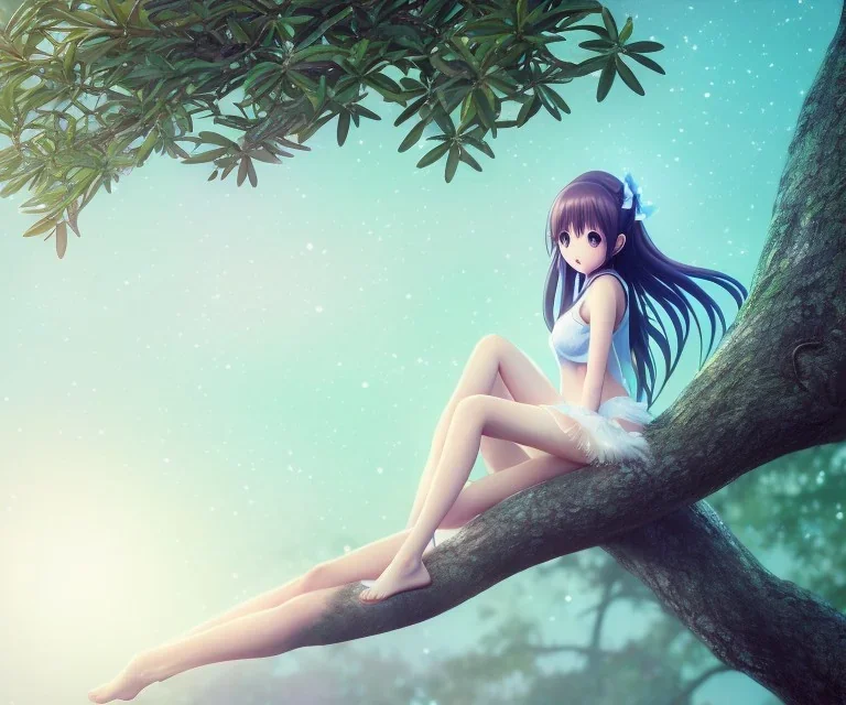 a detailed illustration of a anime girl sitting on a tree branch, luminescent body, glinting spread wings, realistic, soft and smooth glowing wings, soft feathers, macro lens, sharp focus, meticulously detailed, soft studio lighting, smooth blurred gradient evening sky background, 64k