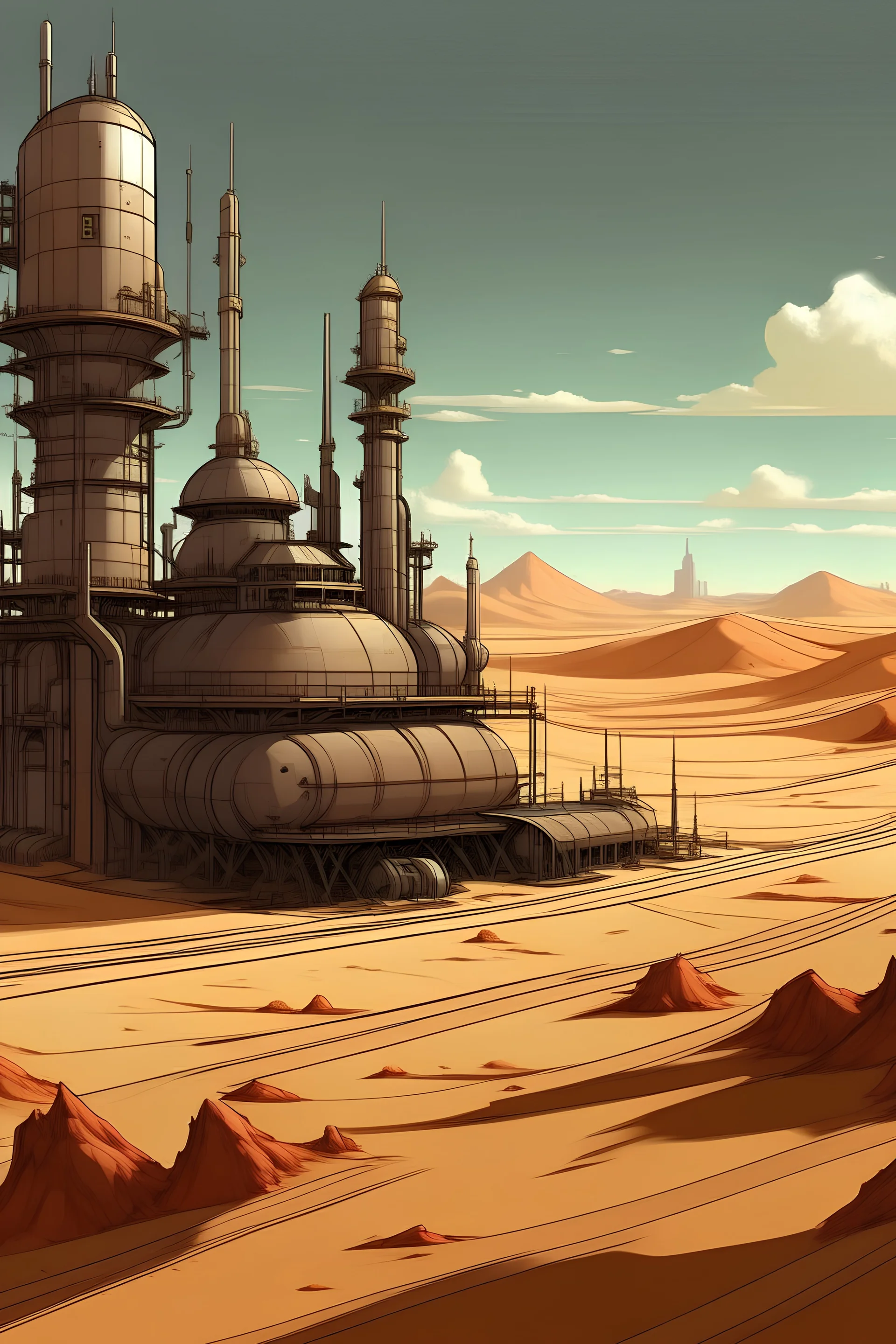 refinery on the desert, anime style