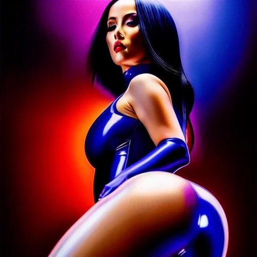 Ultra detailed fullbody Portrait in oil on canvas of beautiful busty Psylocke crouching, wearing skintight latex suit ,extremely detailed digital painting, extremely detailed face,crystal clear Big glowing eyes, mystical colors ,perfectly centered image, perfect composition, rim light, beautiful lighting,masterpiece,8k, stunning scene, raytracing, anatomically correct, in the style of robert e howard and Ken Kelley and Ohrai Noriyoshi and Simon Bisley and tomzj1