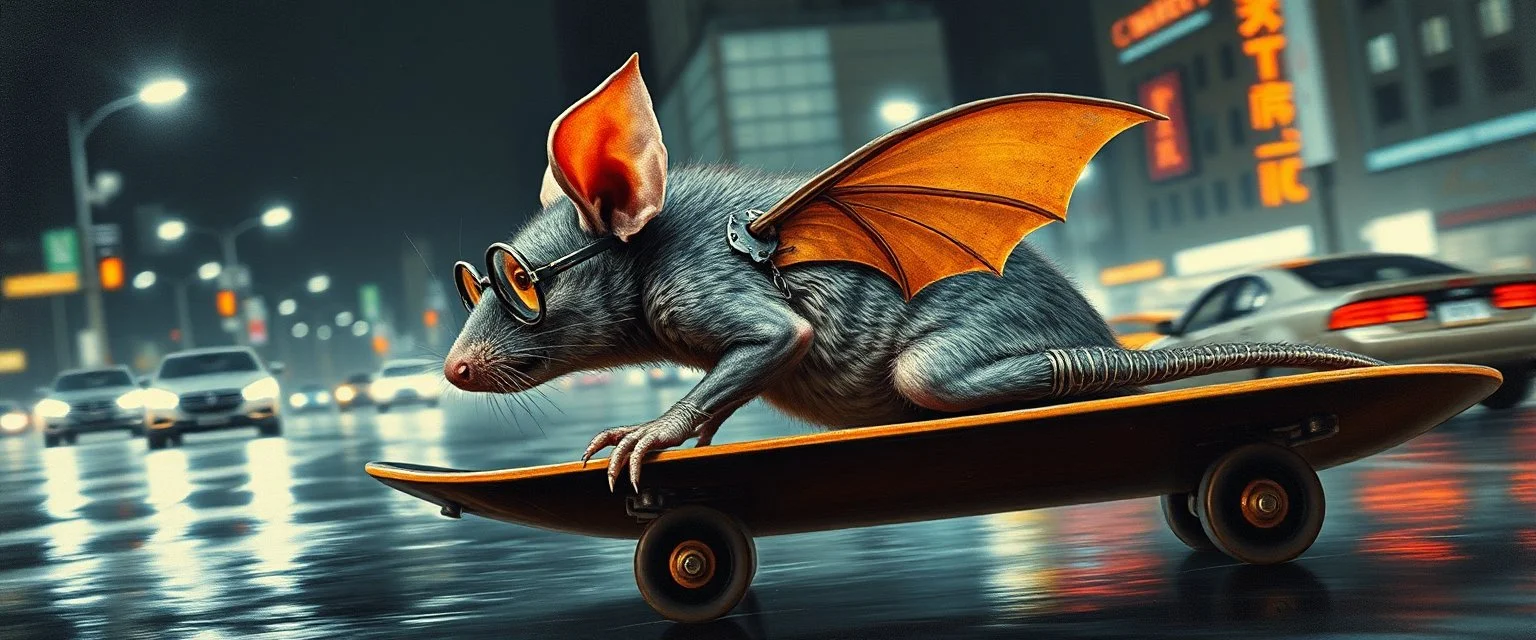 master oil painting by Rembrandt,the tilted quilter,glasses and ticks, cyberpunk imagery synchronized mechanical gremlin rat bat laying low barely hanging on, drumming kit flat board trike flickering stable core, wet reflective salt flat city, fast motion blur background, translucent tube cars