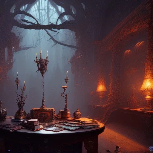 dark fantasy concept art, dynamic lighting, hyperdetailed, intricately detailed, Splash screen art, deep color, Unreal Engine, volumetric lighting, fantasy library artwork, indoors, cozy, leather, wood, library, books,