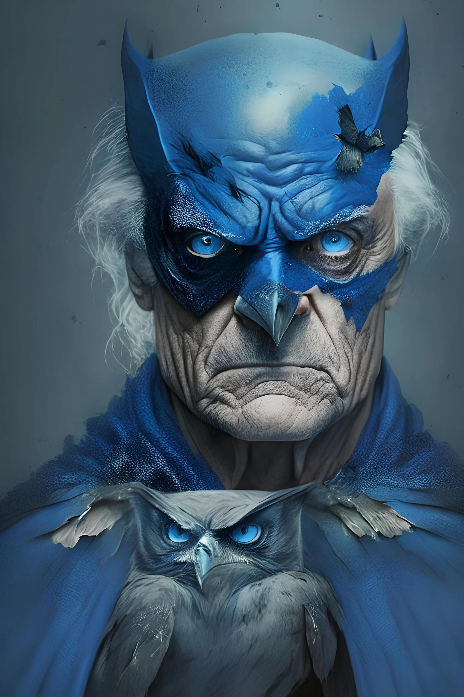 batman old face and with big blue eyes holding an eagle in his left hand