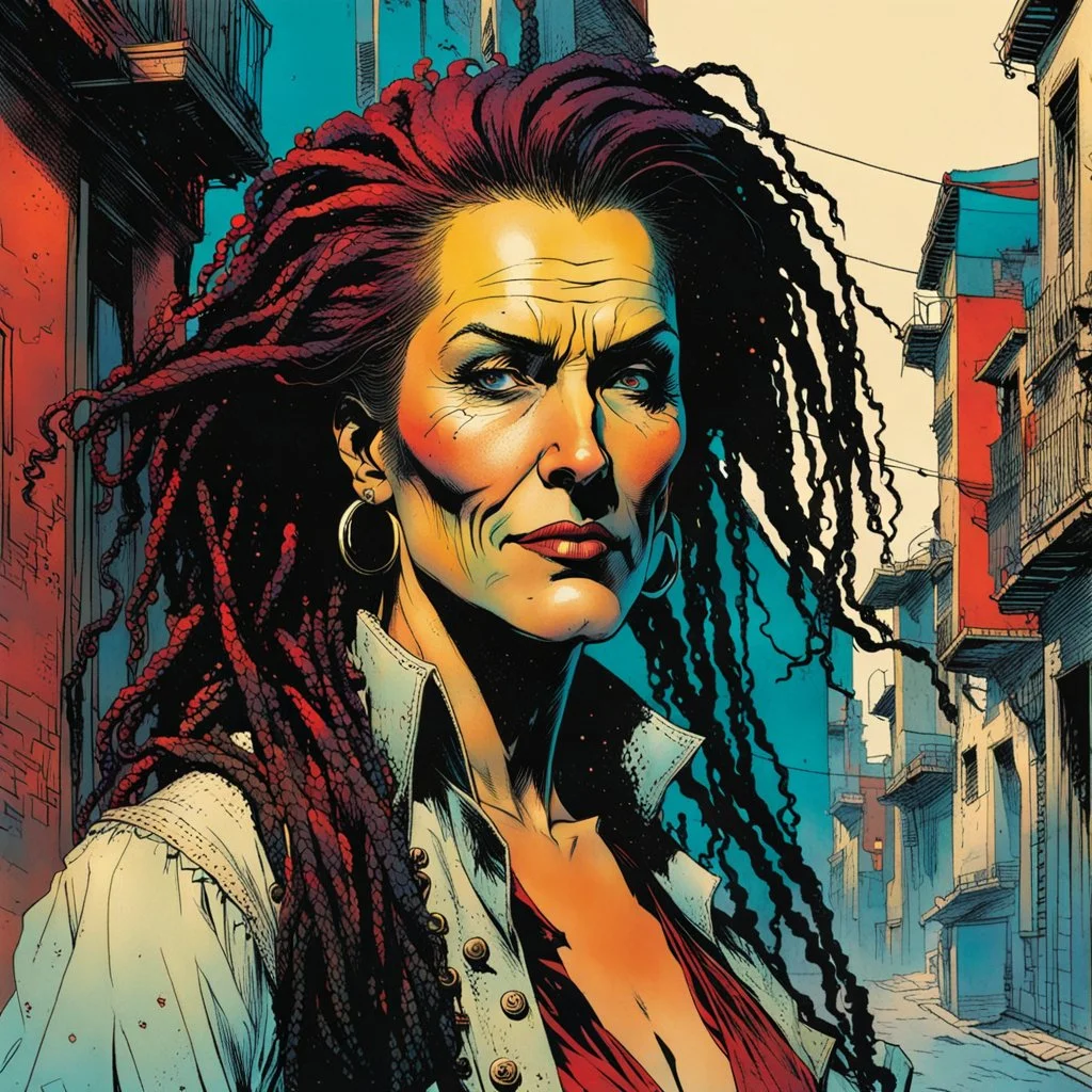 create an imaginative aged female, ornately dressed Turkish pirate queen with finely detailed facial features, short dreadlock hair, in the backstreets of Istanbul, in the comic book art style of Bill Sienkiewicz, Mike Mignola, and Jean Giraud Moebius, finely textured, drawn, colored, and inked