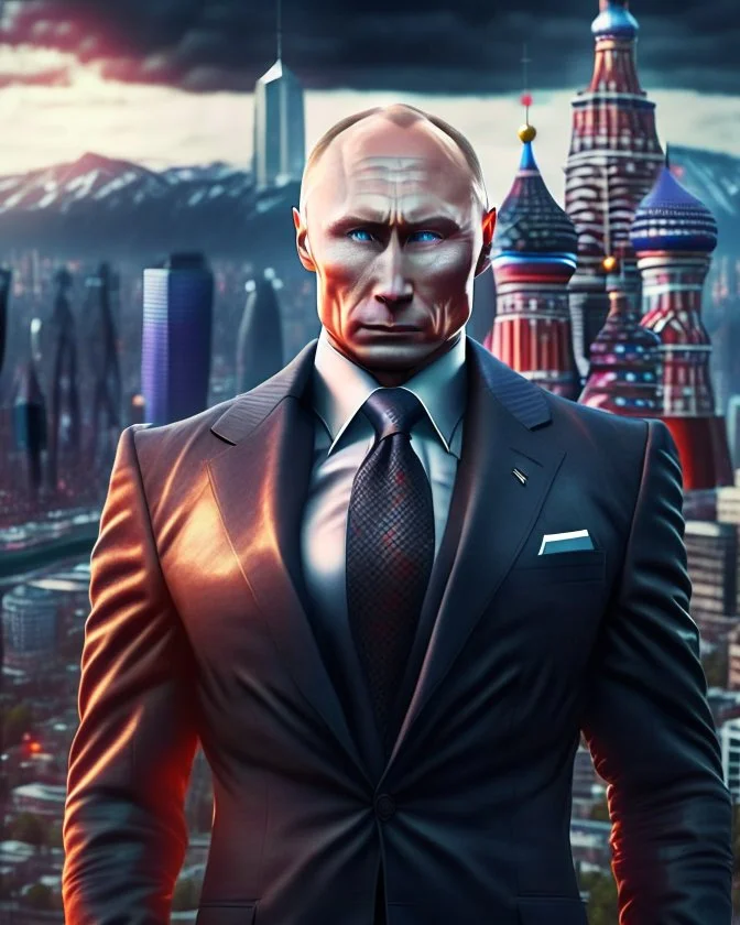 Anthropomorphic Putin in a suit full body ninja full head hyper-detailed city background 8k