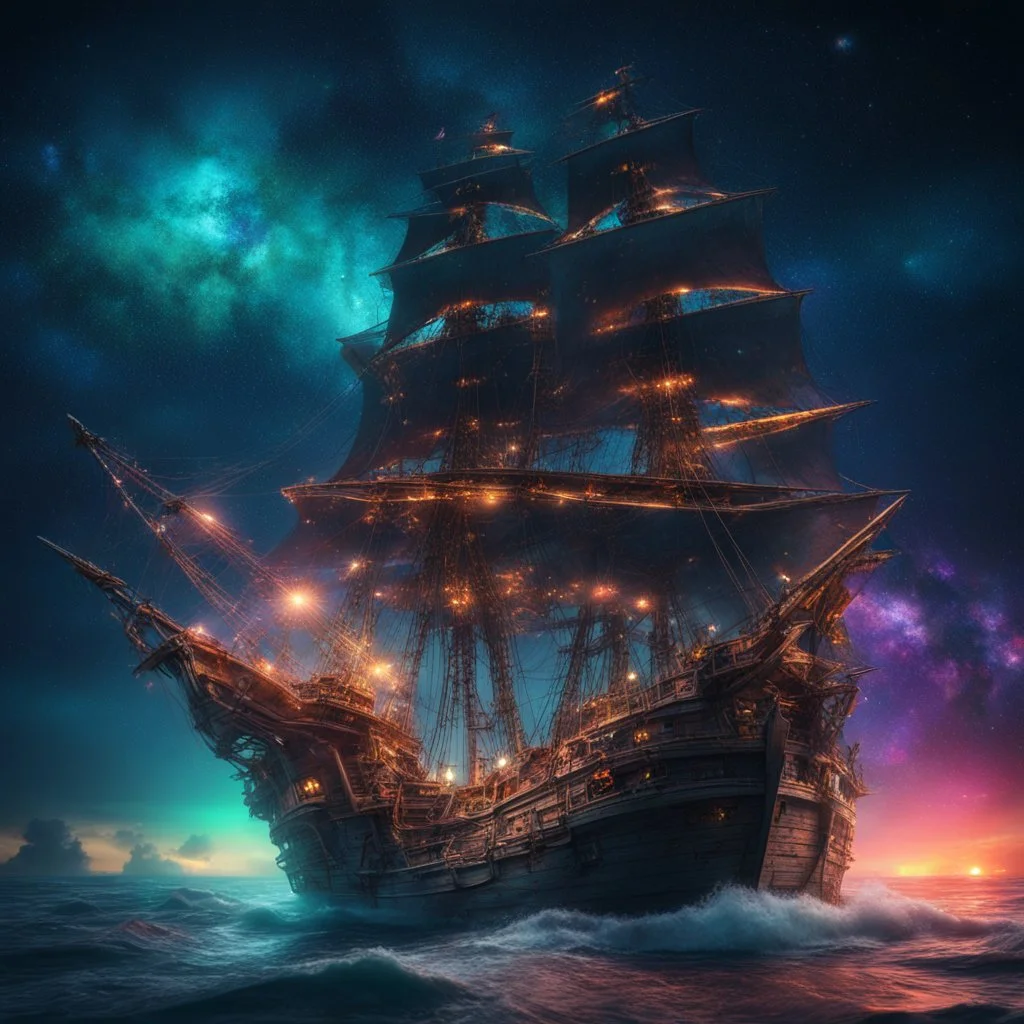 zombie pirate ship on the sea, starry colorful cosmic night sky, bright colors, glowing sparkle particles, dark tone, sharp focus, high contrast, 8k, incredible depth, depth of field, dramatic lighting, beautifully intricate details, clean environment, epic dynamic scene