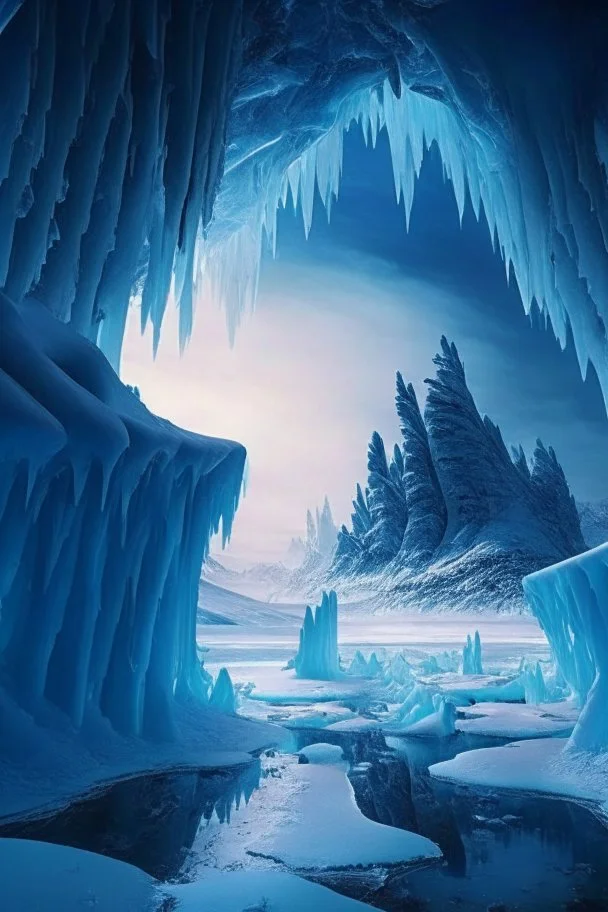 A frozen landscape with a giant caveroof over it