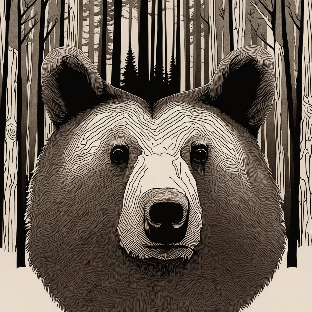 M shaped bear head combined with woods silhouette in backround, letterpress style, minimalistic pencil art