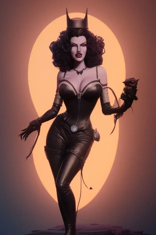 Rita Hayworth as evil queen in black leather, busty, cleavage, curvy, angry, stern look. character design by cory loftis, fenghua zhong, ryohei hase, ismail inceoglu and ruan jia. unreal engine 5, artistic lighting, highly detailed, photorealistic, fantasy