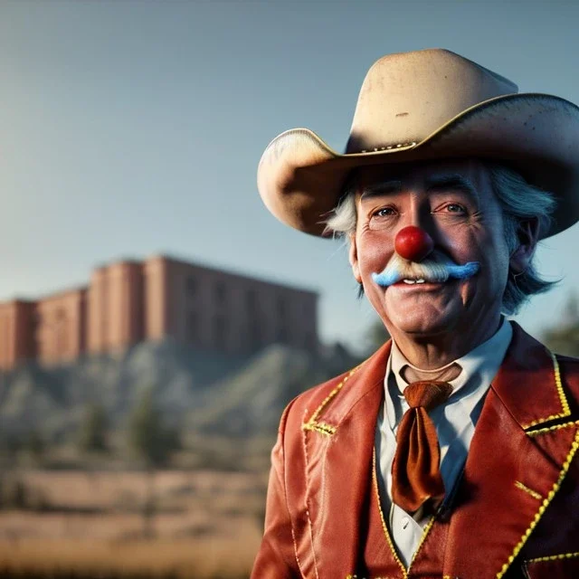 Ultra realistic western scene. clown sweet man, waist up view, Wes Anderson style, happy, highly detailed, concept art, unreal engine 5, god rays, ray tracing, RTX, lumen lighting, ultra detail, volumetric lighting, 3d, finely drawn, high definition, high resolution.