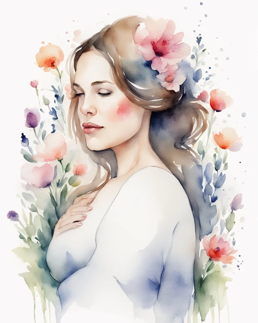 white background, portrait, watercolor, fine drawing, Pregnancy, flowers,