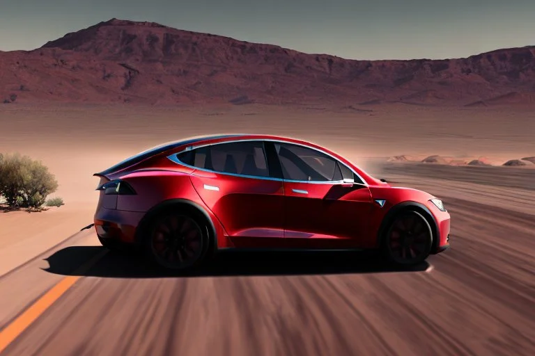 A Tesla 'Model S' is racing at top speed, in the Mojave Desert. (CINEMATIC, WIDE ANGLE LENS, PHOTO REAL)