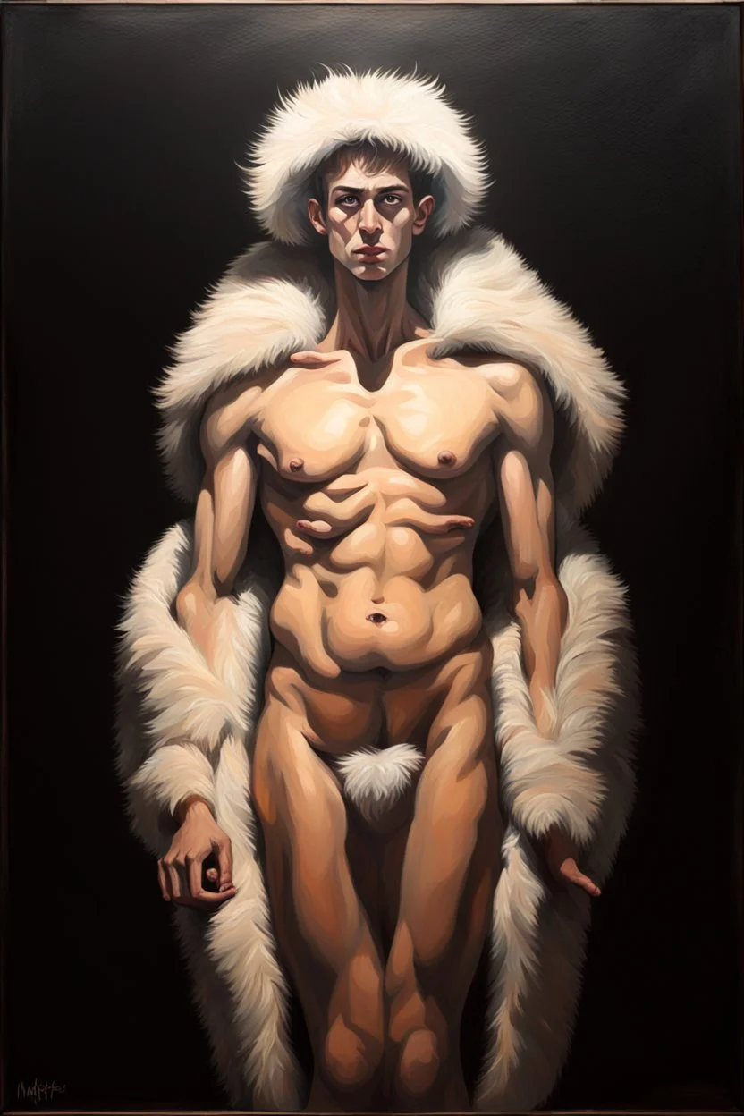master piece oil painting of the first ultimate skinny god of boobs in a spotlight wearing fur