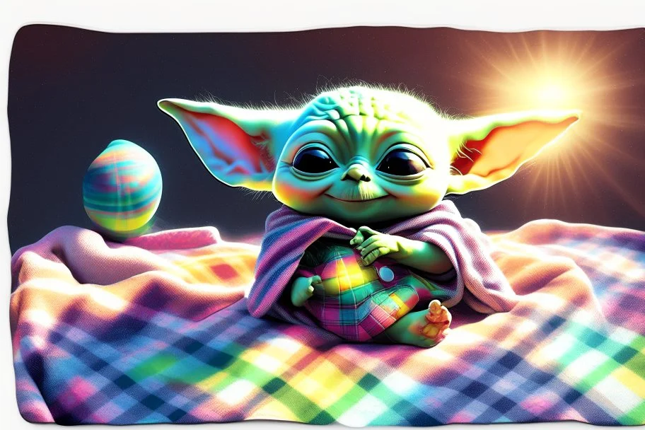 Cute happy Baby Yoda sits on a colourful plaid fleece blanket and plays with tiny floating phosphorescent planets in the sunlight