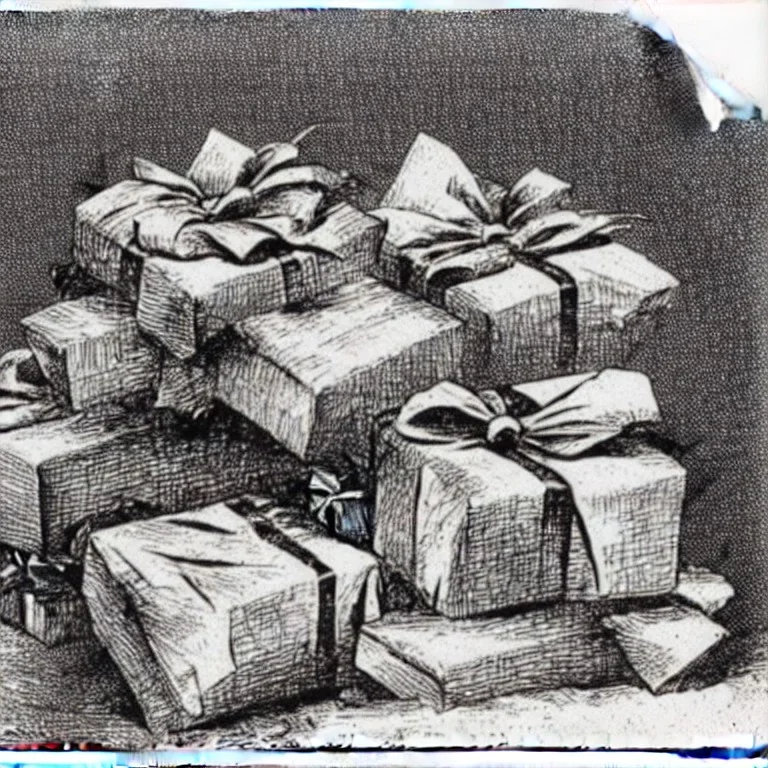 packages with bows under a Christmas tree by Thomas Nast