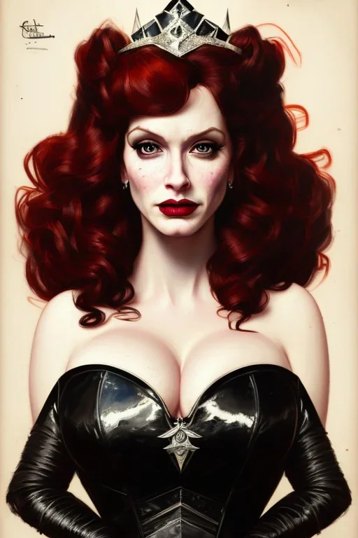 painting of christina hendricks as evil queen in black leather, feminie, angry, strong, volouptous, busty, cleavage, emperious, mature, highly detailed, digital painting, artstation, concept art, smooth, sharp focus, illustration, art by gaston bussiere and alphonse mucha