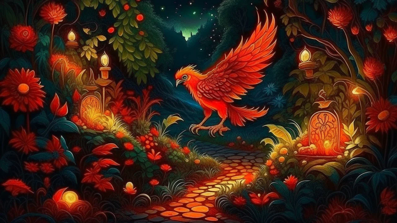 Night Magical slavic garden with lush greenery and a beautiful stone winding path. There is only one creature the Firebird. The feathers of the Firebird are vibrant red, orange, and gold, each one glowing with an otherworldly brilliance.