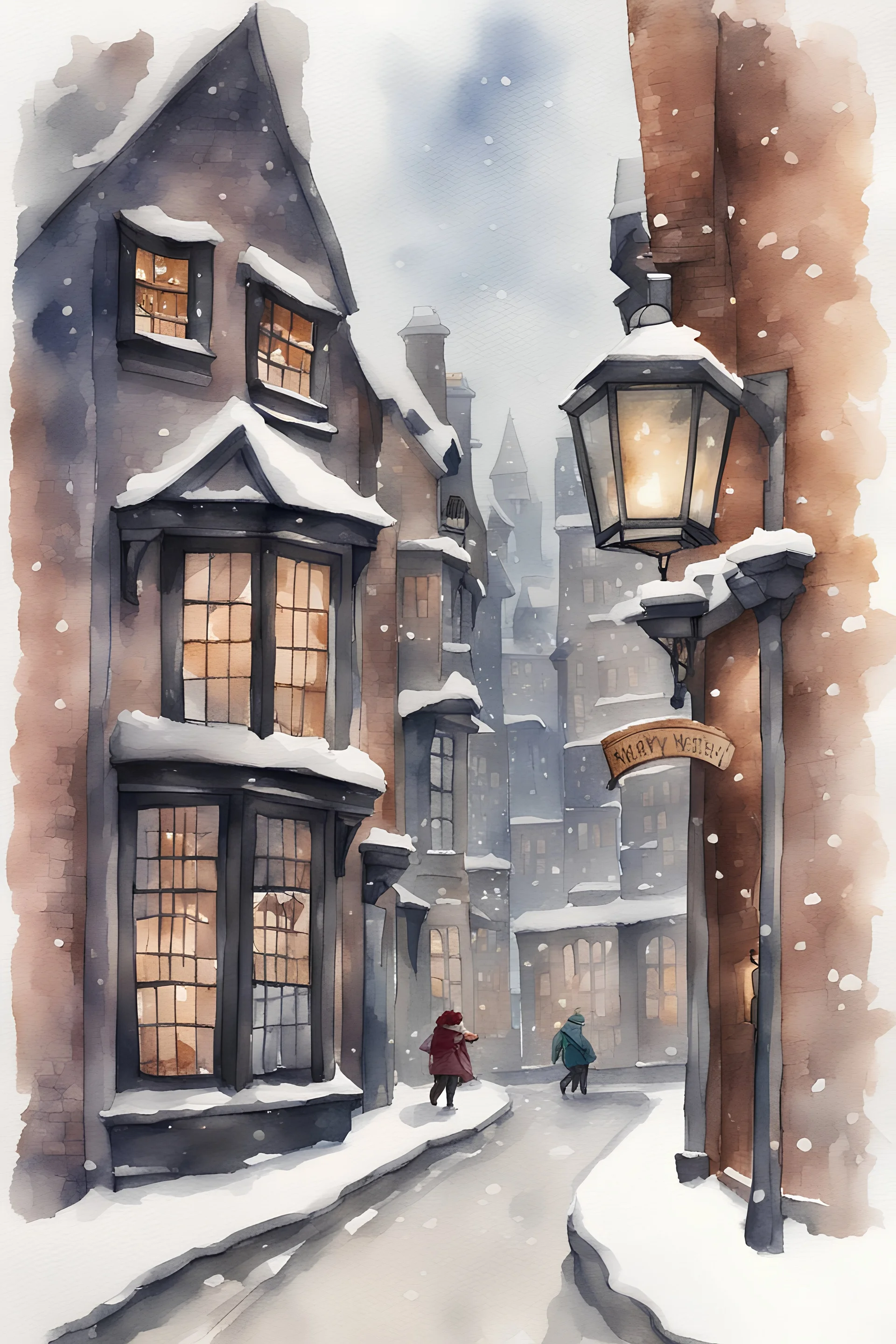 watercolor new year at Diagon alley at Hogwarts. Lots of snow.