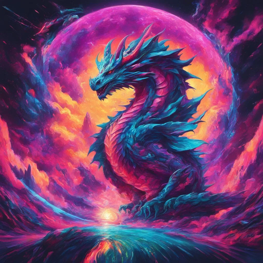 Dragon in a vibrant synthwave dreamscape, neon chaos swirling energetically around pixelated forms, a dynamic fusion of retro gaming nostalgia and futuristic abstraction