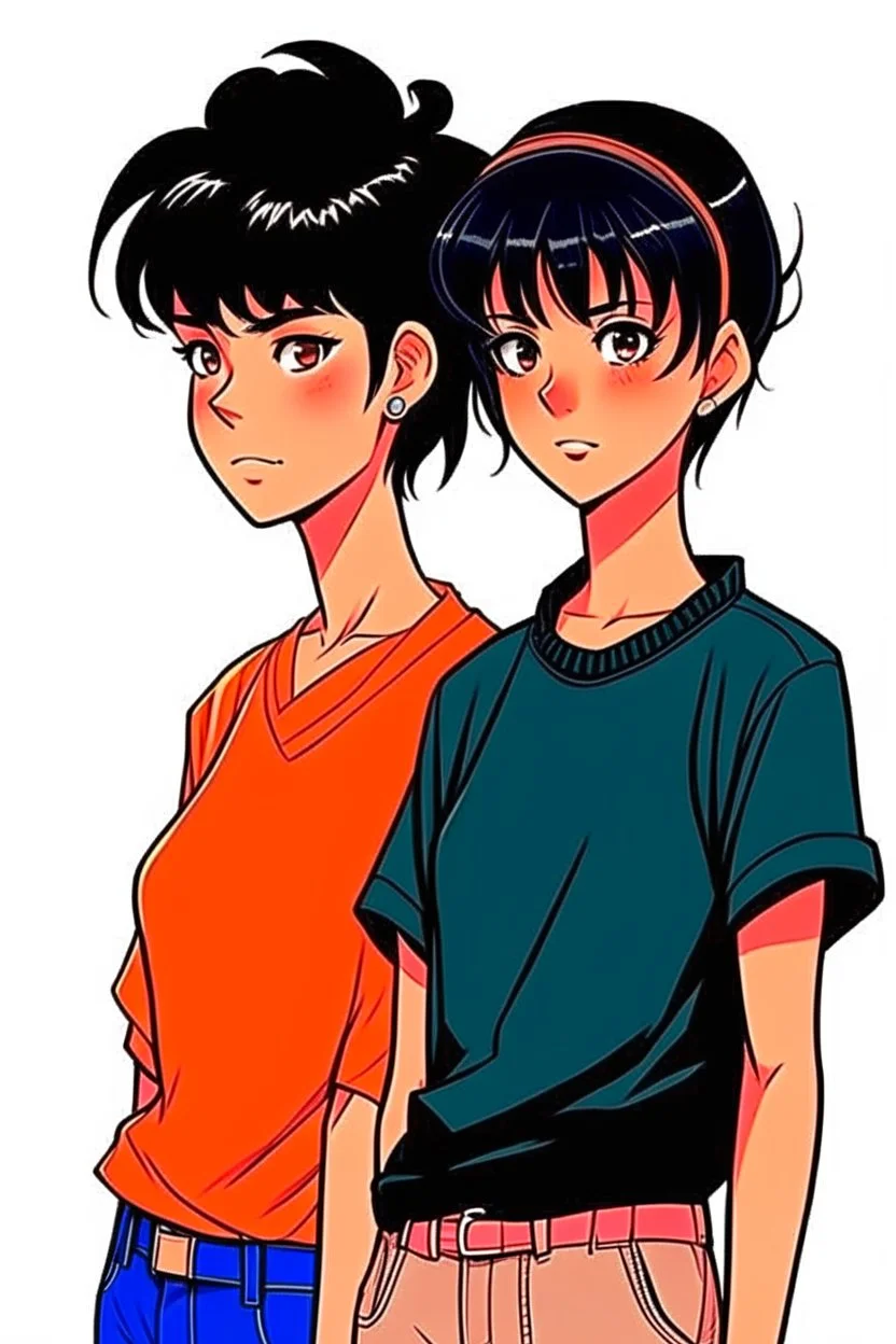 Relaxed and Stylish Anime 90s , short black hair , two personalities