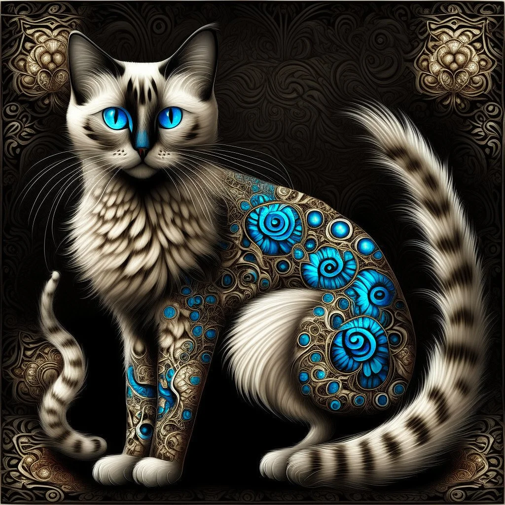 Create a painting of a standing full body blue eyed Siamese cat with fractal patterns in his coat. Bushy tail. Background black. Hyperrealistic.