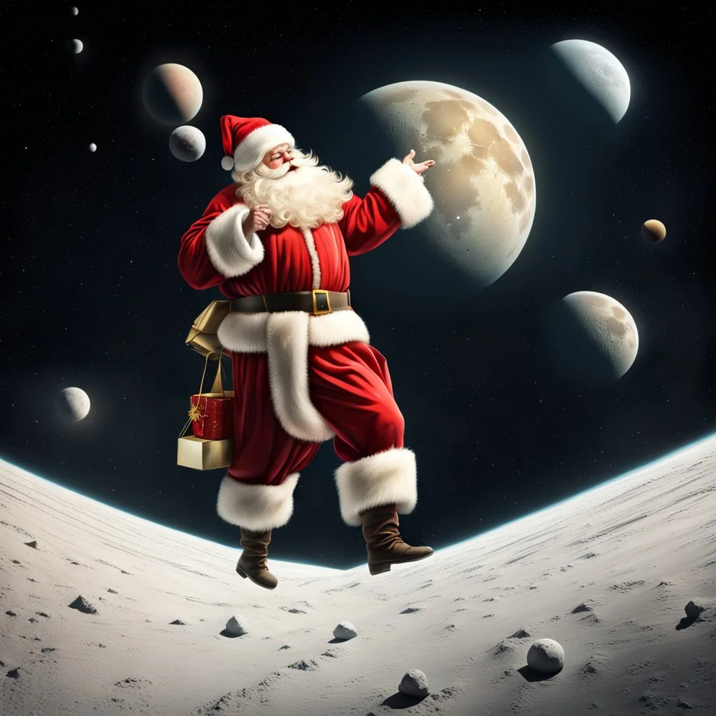 Santa Claus delivering presents to the moons of Saturn