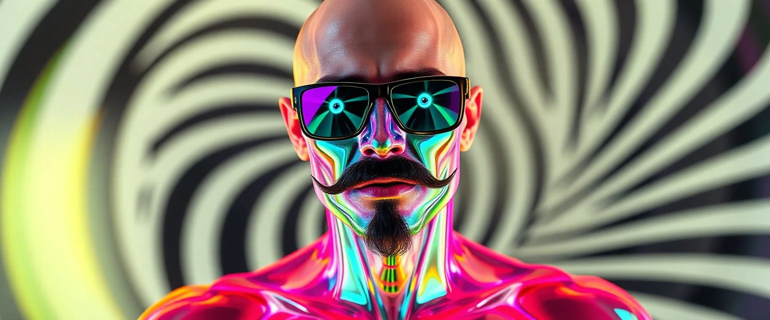 blissfull genious, ultra chromatic, cyber jobe, flying yoga magic , lawn mover man movie character, portrait of upper body of cool transparent guy made with nano tape and with shades and mustache and bald head, saw blade beholder eye tyrant flating beholder kin with eyes on each saw blade tooth saying something profound, hypnotic zebra twirl background, with chrome reflections, like he is floating in a giger cartoon