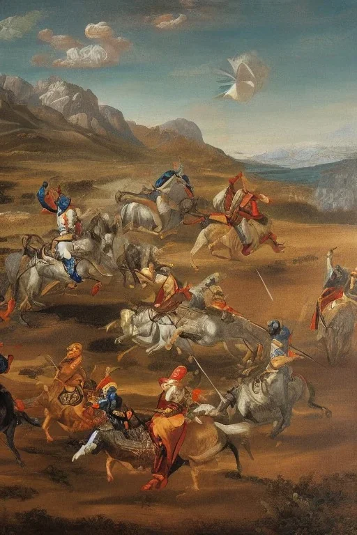 detailed oil painting, renaissance style, of mounted knights galloping across an open field, swords in hand, mountains in distance