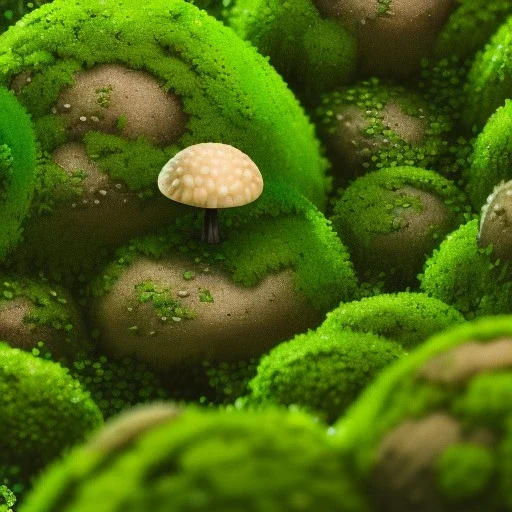 microphotography mushroom growing in a mossy dense lush green woods, high definition, detail, HD, 8k, realistic, 3d rendering, blender, photography, fisheye, bulge, tilt shift blur