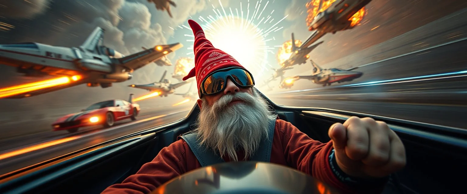 weird perspective worried yoga legend race car racing against spaceships going sideways in ramp driver close up portrait of dj magic gnome farmer pilot looking down on cam, with background in the style of escher and giger, a chill contrapunctus fugue in the style of fsol, beethoven, goa trance breaks, dancefloor drum and bass, burning cars, fire storm lightening, and explosions