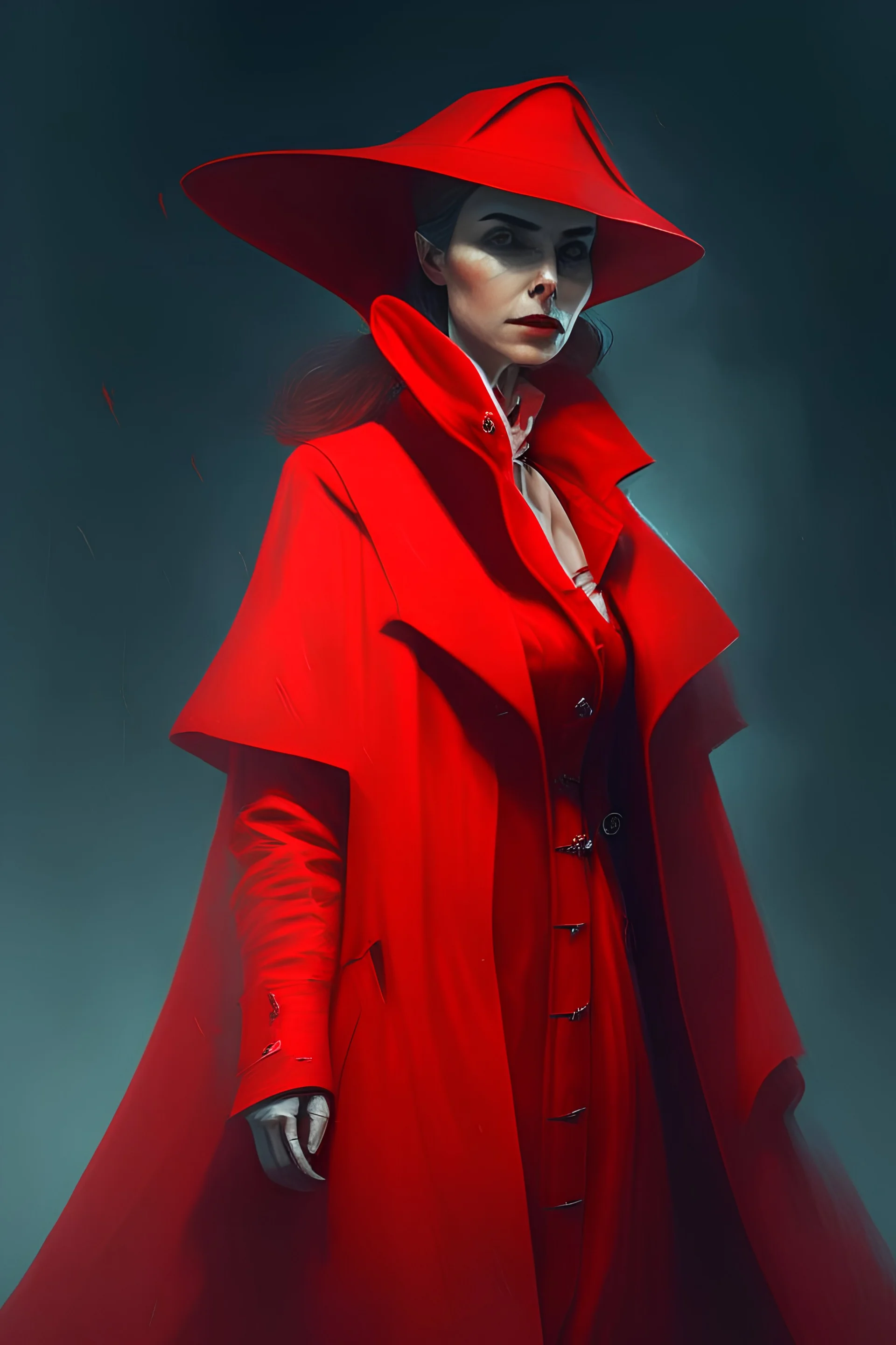 a woman in scarlet red long coat, scarlet red nursing-cap, full body image, doctor, fantasy, digital art, 4k, mystery