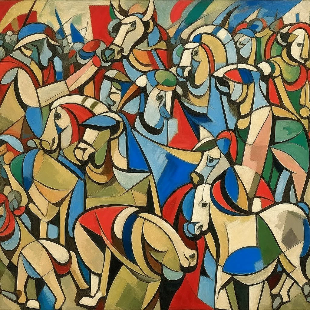 piccasso crowd people cubism with bull screaming