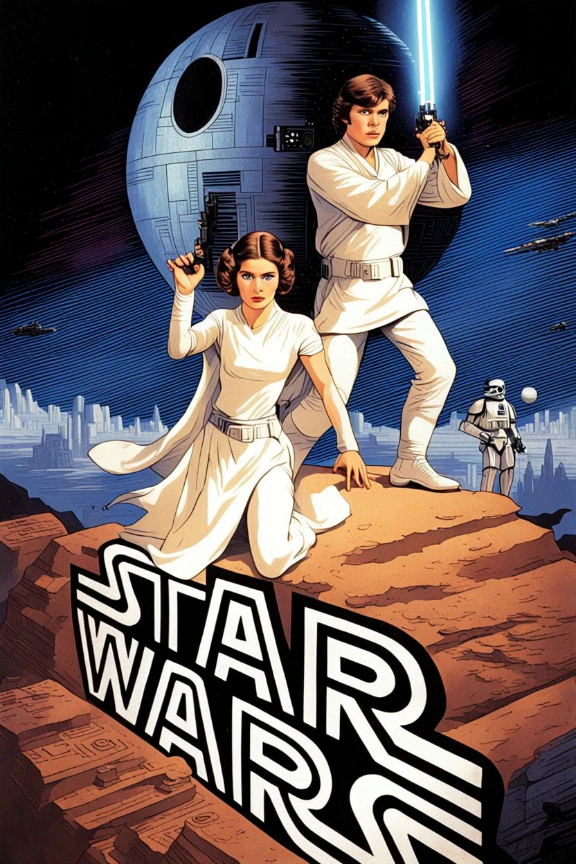 retro futurist movie poster for Star Wars episode 4 featuring luke and leia on top of a stone shaped as "STAR WARS" death star vin background