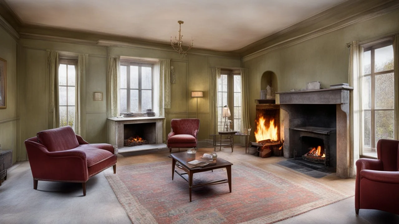 Small sitting-room interior, fireplace with open fire and hob and oven, 1950 UK council-house, chairs have four legs, tables have four legs, small window, clean, neat, tidy, basic, frugal, thrifty, economical, award-winning color photograph, Ultra Realism, 16k, HDR, High Quality, Sharp Focus, Studio Photo, Intricate Details, Highly Detailed