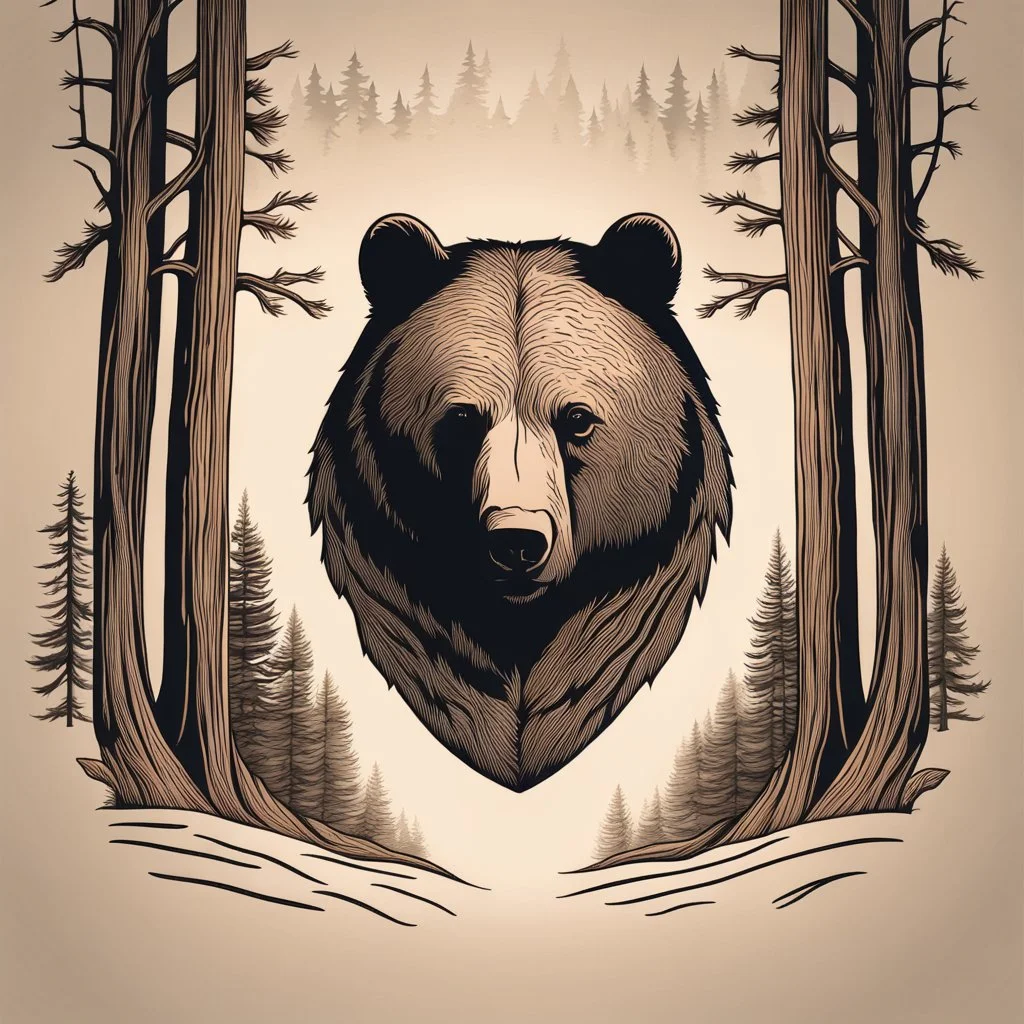 M shaped bear head combined with woods silhouette in backround, letterpress style, minimalistic pencil art