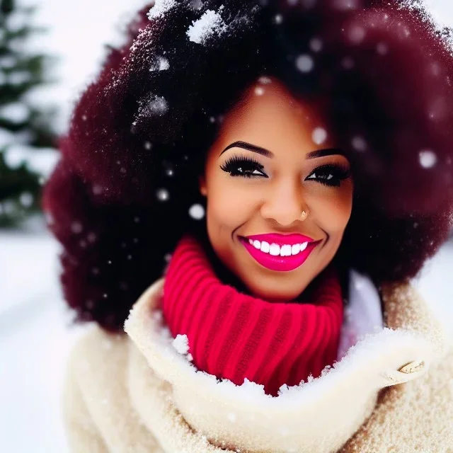 Woman, happy, expressive, emotive, smiling, pouting lips, African American, afro hair, kinky hair, coily hair, blizzard, snow, red sweater, delta sigma theta, snow angel, hazel colored eyes, snow man, snowflake,snowball