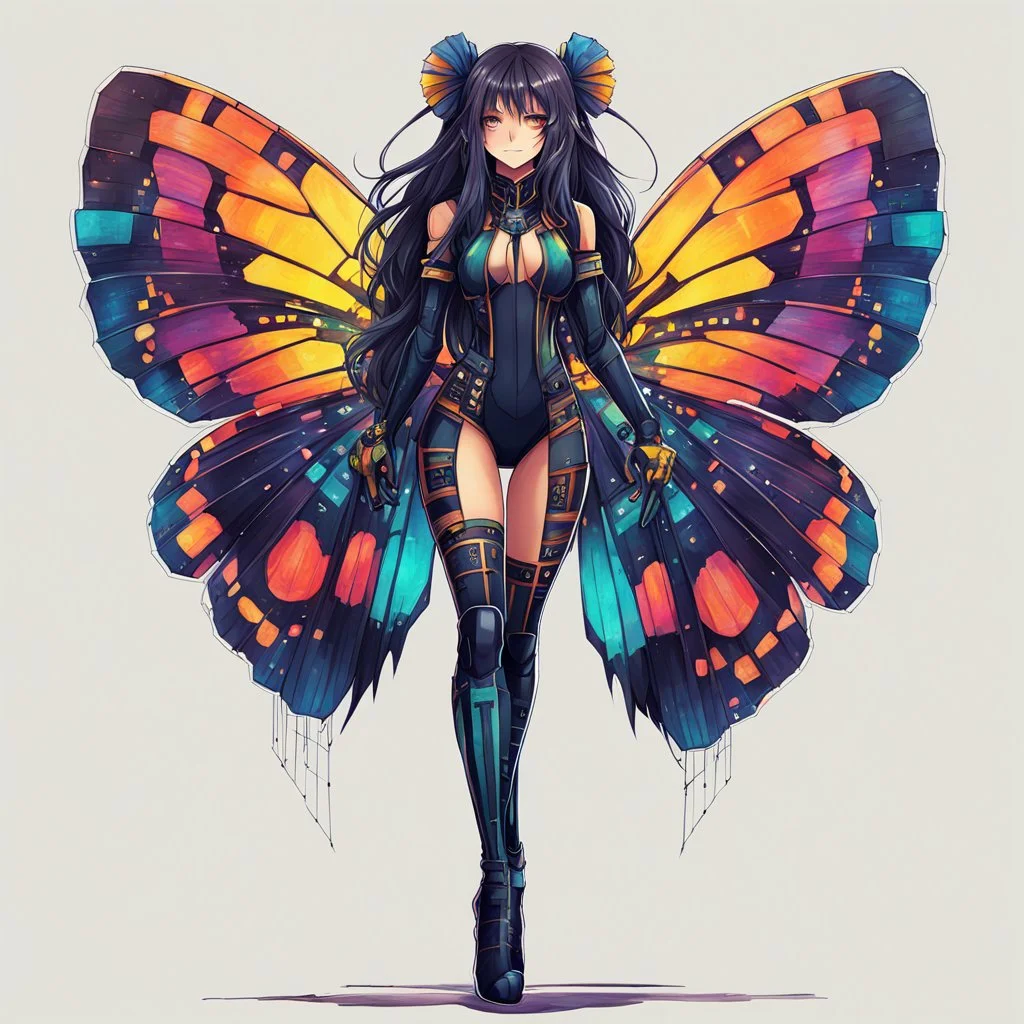 full body portrait illustration , long hair, with detailed blueprints and engineering schematics of a walking hybrid Madagascan sunset moth insect girl, in anime style, drawings, 8k, vibrant natural colors, tight bodysuit, white skin, wings above sholder